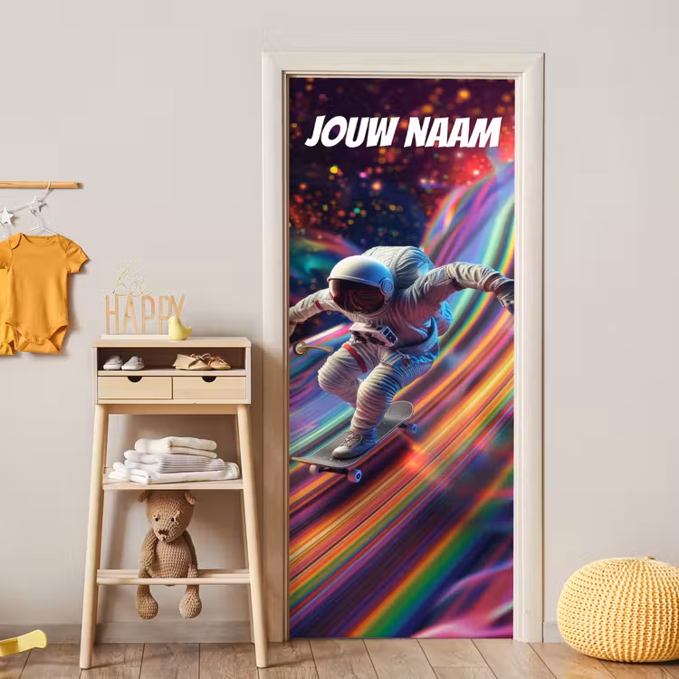Deursticker met naam - Astronaut - Skateboard - Regenboogkleuren — 6