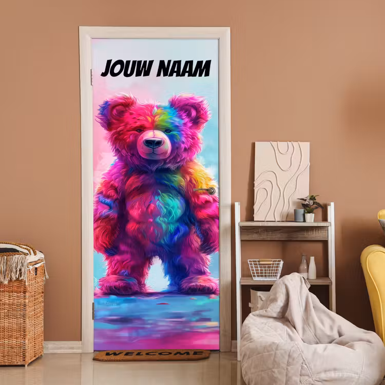 Deursticker met naam - Abstract - Teddybeer - Regenboogkleuren — 2