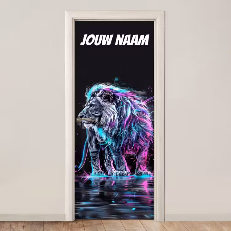 Deursticker met naam - Leeuw - Stoer - Neon — 1
