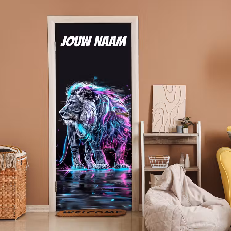 Deursticker met naam - Leeuw - Stoer - Neon — 2
