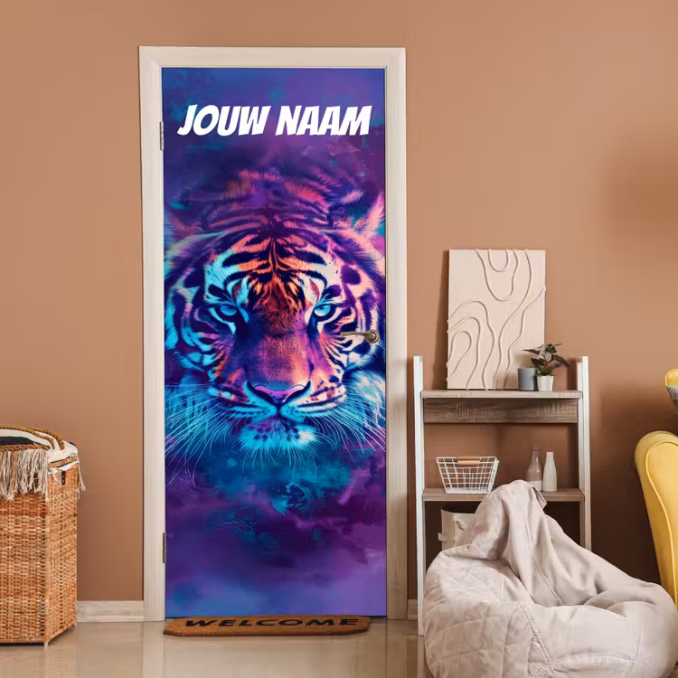 Deursticker met naam - Tijgerkop - Portret - Kleurrijk — 2