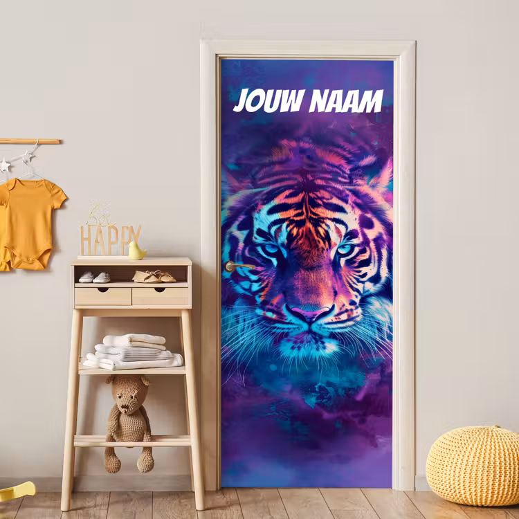Deursticker met naam - Tijgerkop - Portret - Kleurrijk — 6