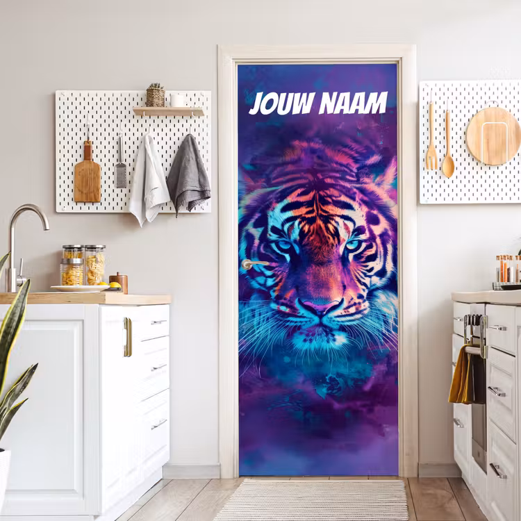 Deursticker met naam - Tijgerkop - Portret - Kleurrijk — 7
