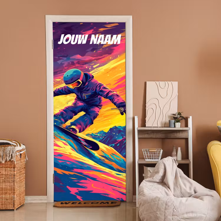 Deursticker met naam - Abstract - Snowboarder - Neonkleuren — 2