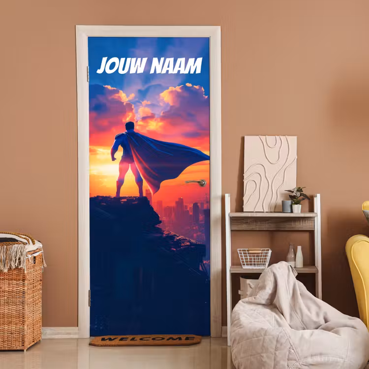 Deursticker met naam - Superheld - Cape - Zonsondergang — 2