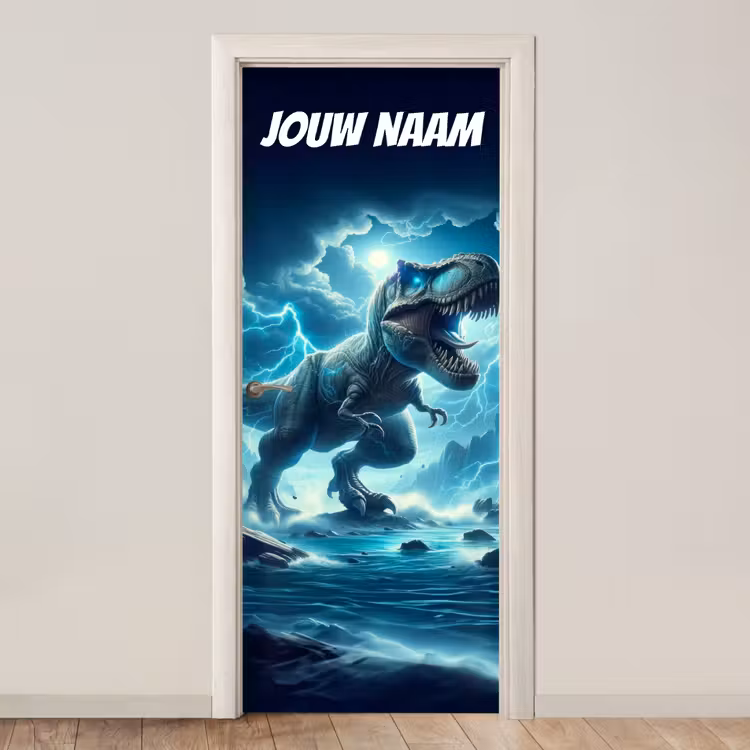 Deursticker met naam - T-rex - Bliksem - Blauw — 1