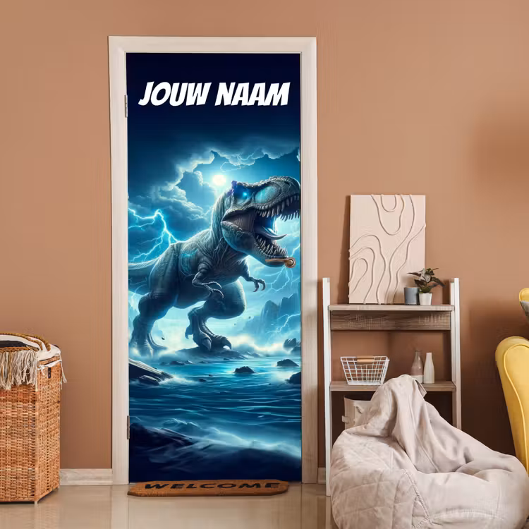 Deursticker met naam - T-rex - Bliksem - Blauw — 2