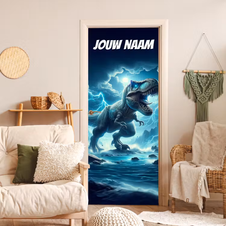 Deursticker met naam - T-rex - Bliksem - Blauw — 4