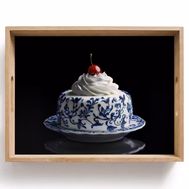Dienblad - Taart - Slagroom - Kers - Bord - Delfts blauw