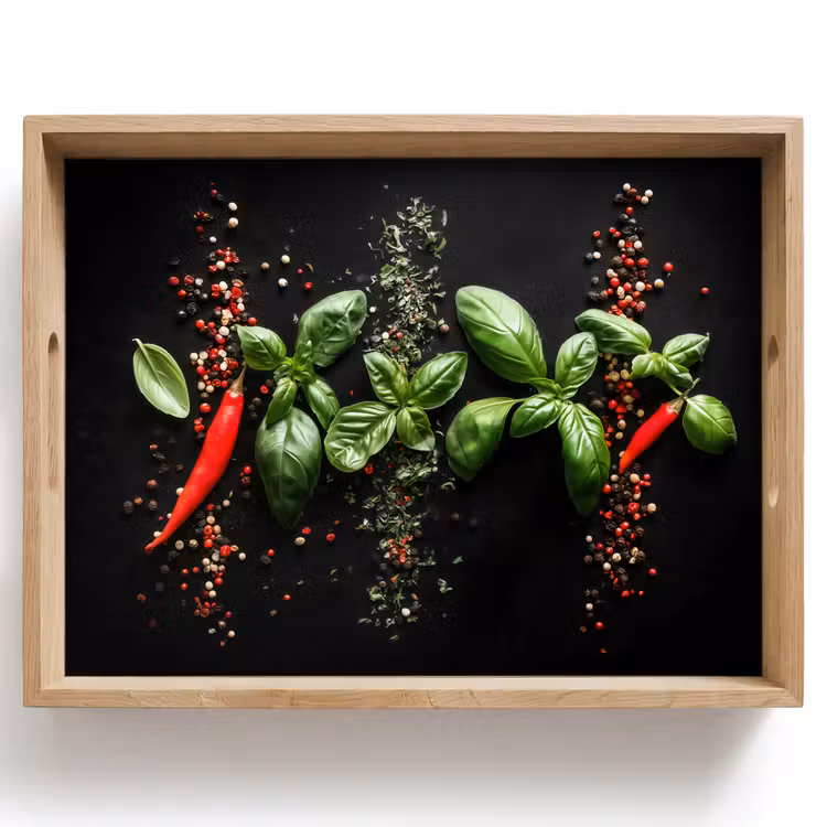 Dienblad - Chilipepers - Basilicum - Blaadjes - Rood