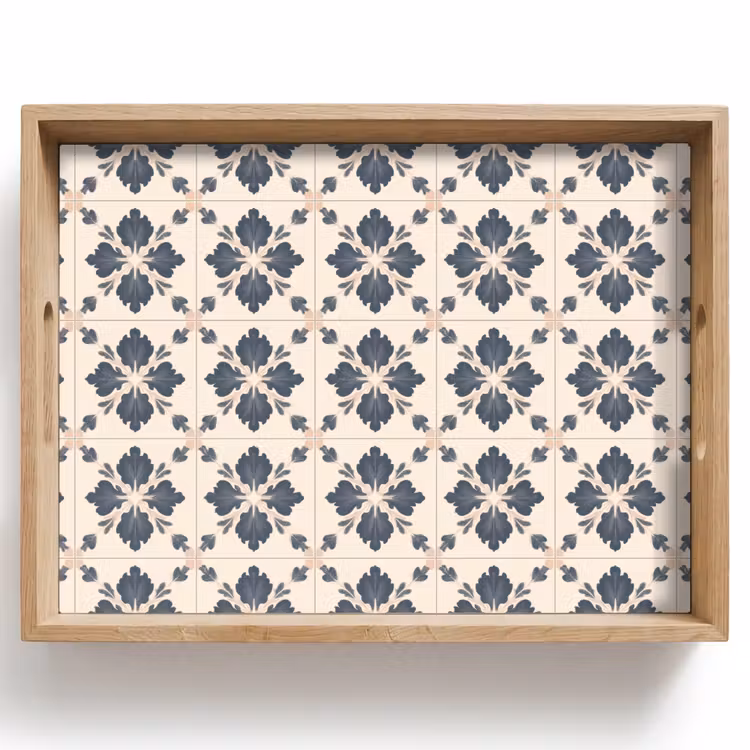 Dienblad - Bloemen Tegels Patroon Donkerblauw Lichtroze