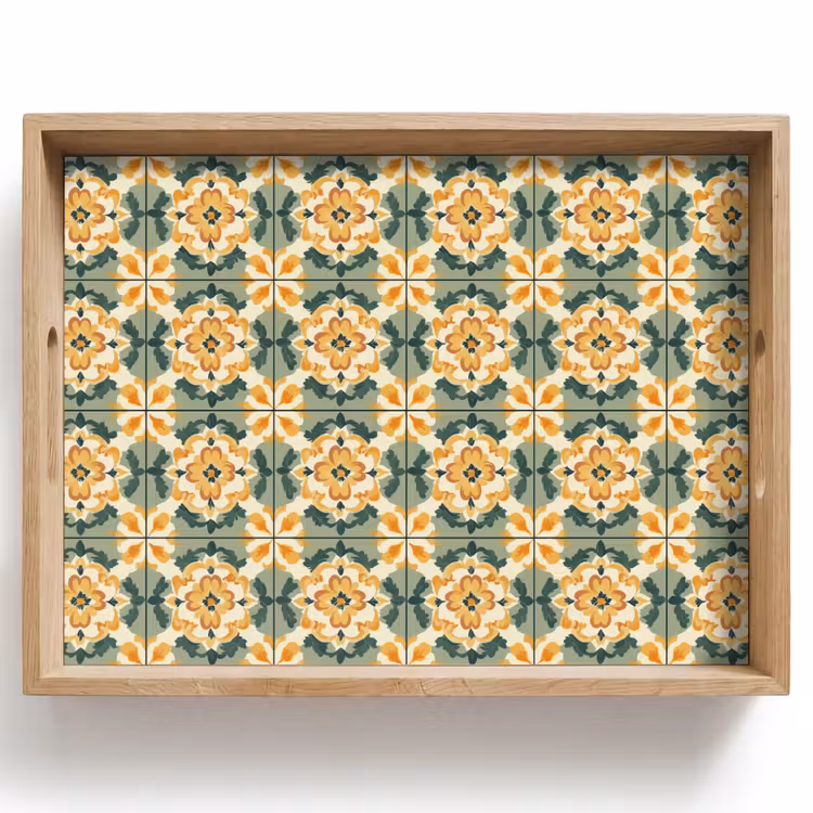 Dienblad - Bloemen Tegels Patroon Saliegroen Geel