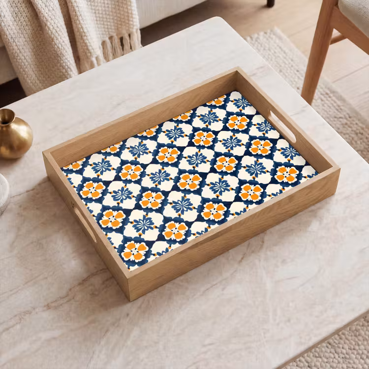 Dienblad - Bloemen Tegelpatroon Blauw Oranje — 2
