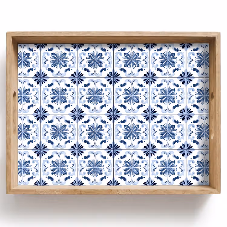 Dienblad - Blauw Witte Tegels Bloemmotief