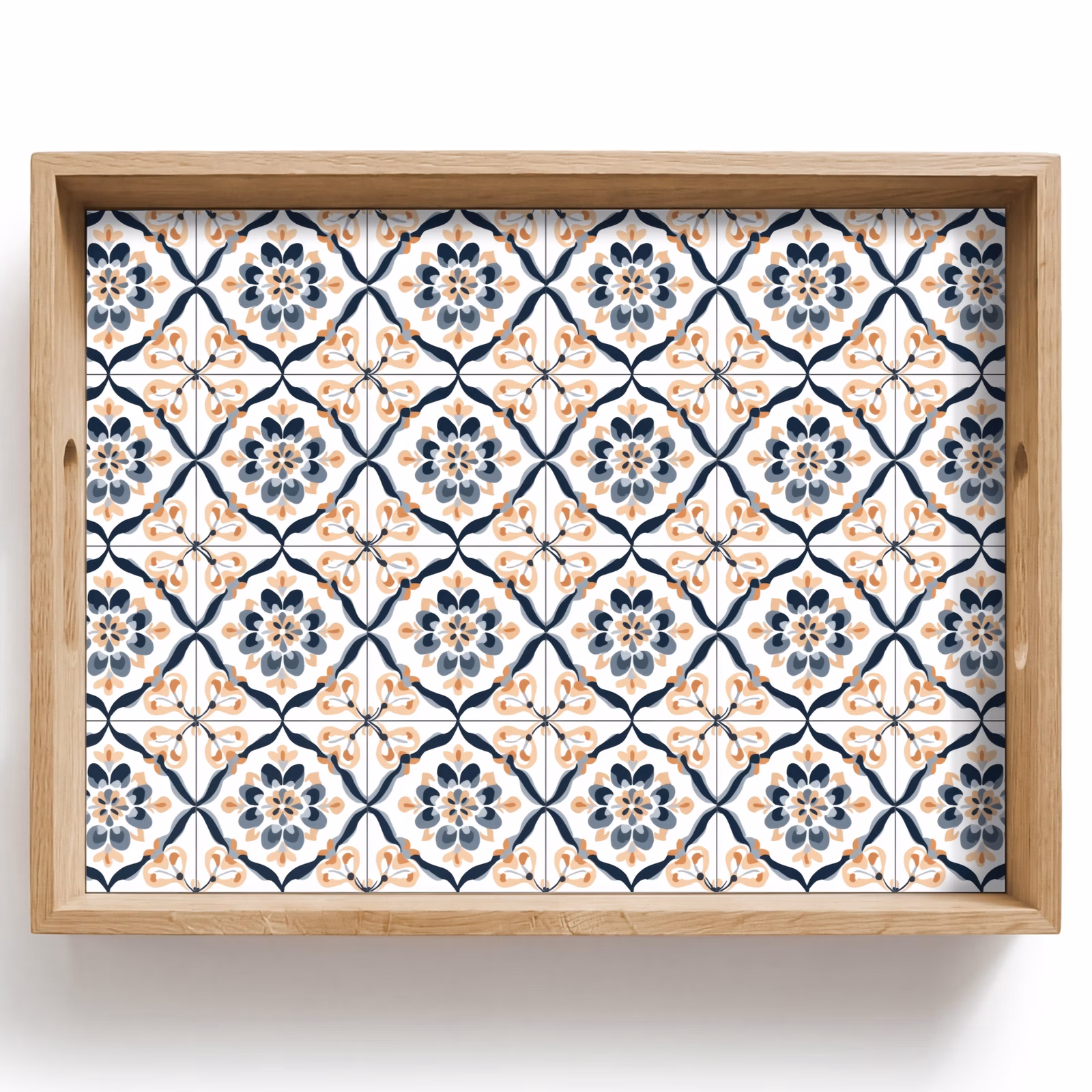Dienblad - Bloemen Tegelpatroon Donkerblauw Zalmroze — 1