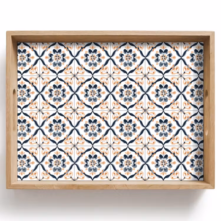 Dienblad - Bloemen Tegelpatroon Donkerblauw Zalmroze