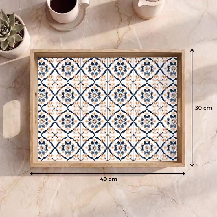 Dienblad - Bloemen Tegelpatroon Donkerblauw Zalmroze — 9
