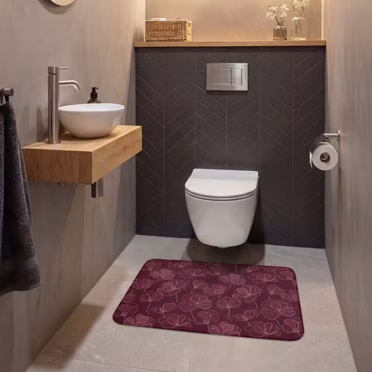 Wc Mat - Bloemen - Patroon - Bordeauxrood — 2