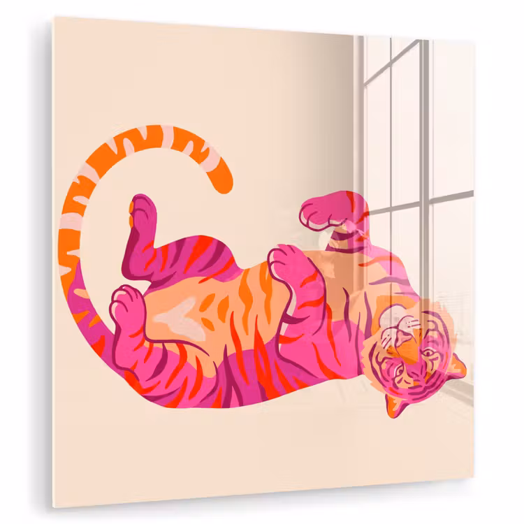 Glas schilderij - Tijger - Roze - Oranje — 1