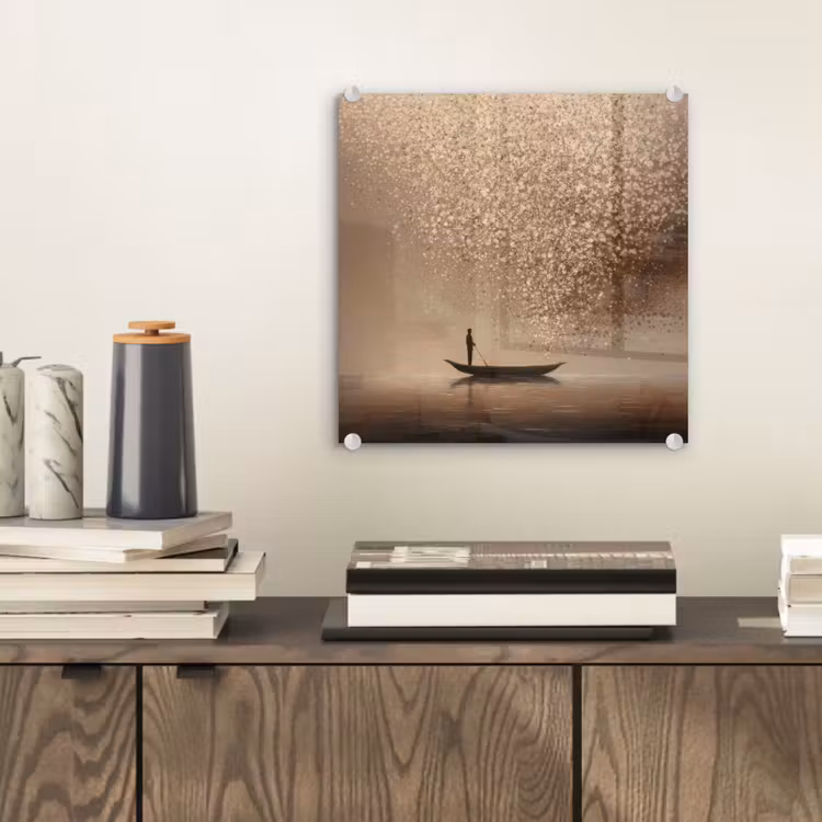 Glas schilderij - Bootje - Blaadjes - Goud - Water — 2