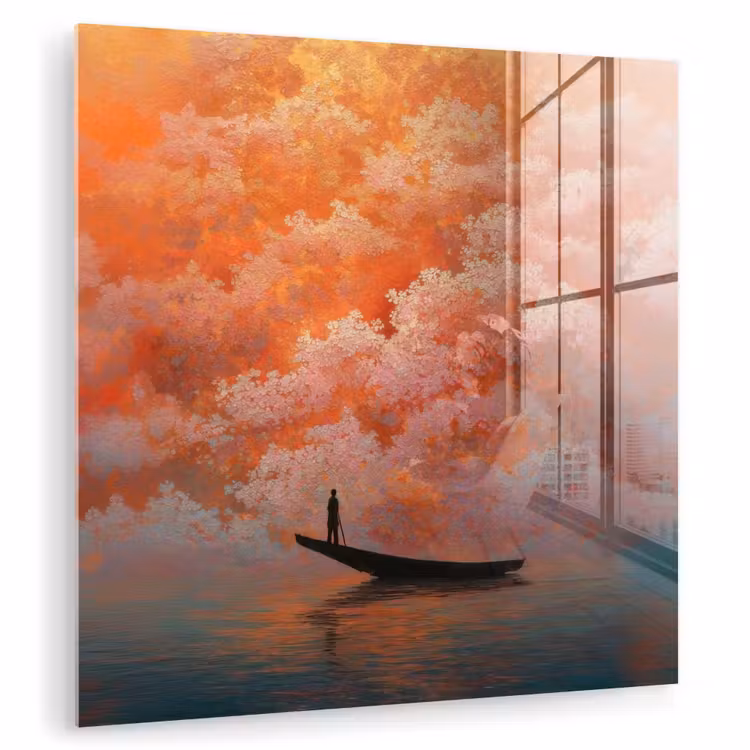 Glas schilderij - Zee - Boot - Wolken - Oranje — 1