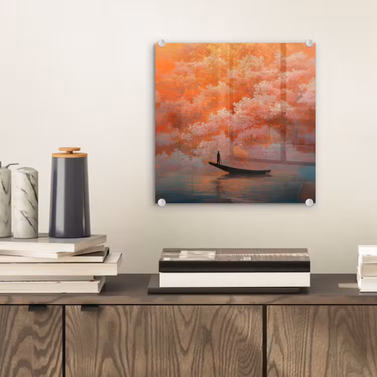 Glas schilderij - Zee - Boot - Wolken - Oranje — 2