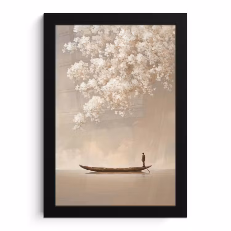 Poster met lijst - Man in Boot onder Bloesemboom Beige