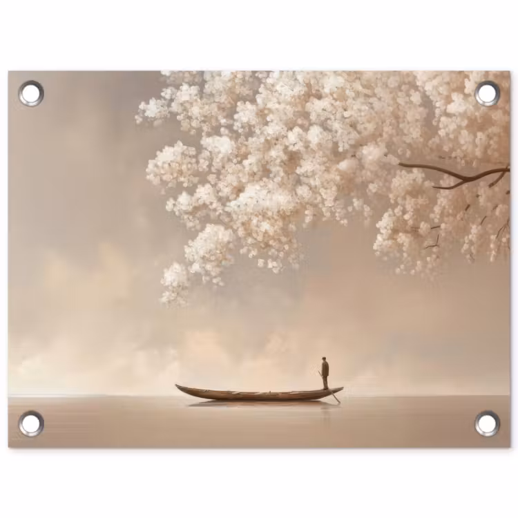 Tuinposter - Man in Boot onder Bloesemboom Beige