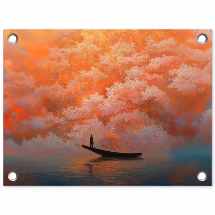 Tuinposter - Man in Roeiboot Oranje Wolken