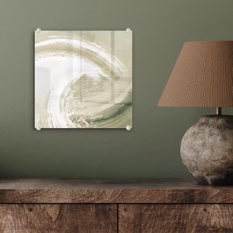 Glas schilderij - Abstracte Golvende Verfstreken Saliegroen — 4
