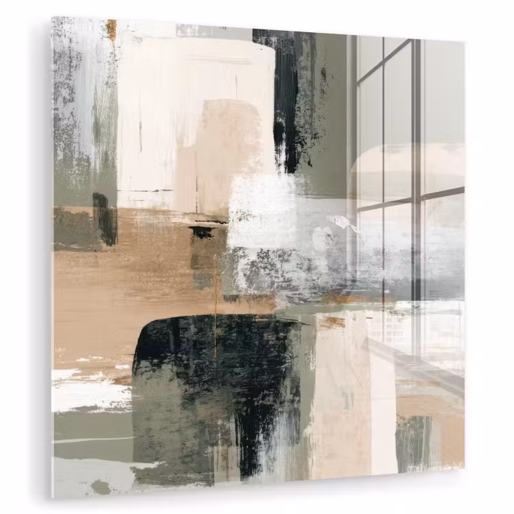Glas schilderij - Abstracte Verfstreken Saliegroen Beige