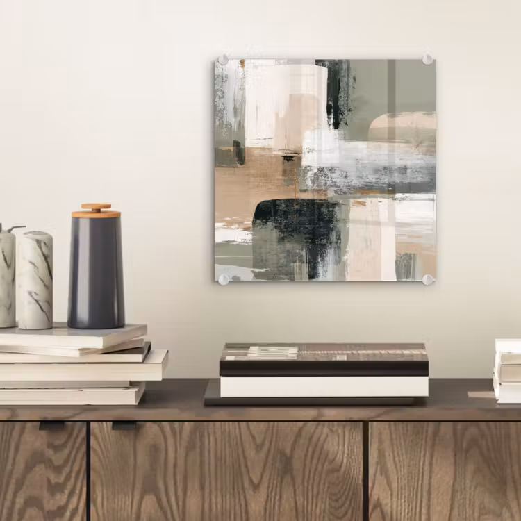 Glas schilderij - Abstracte Verfstreken Saliegroen Beige — 2