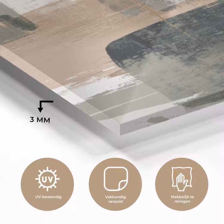 Glas schilderij - Abstracte Verfstreken Saliegroen Beige — 3