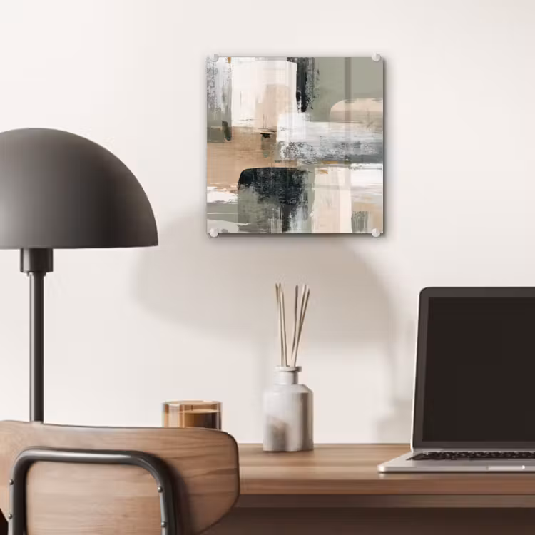Glas schilderij - Abstracte Verfstreken Saliegroen Beige — 7