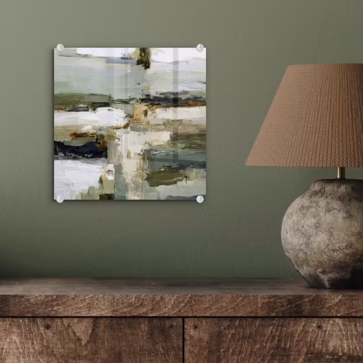 Glas schilderij - Abstracte Olieverf Saliegroen Wit — 4