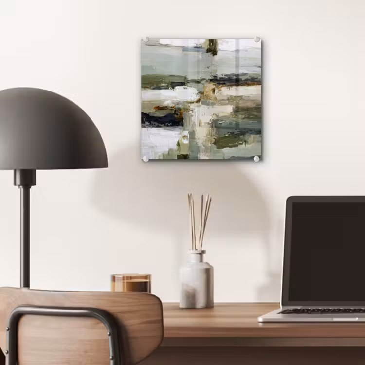 Glas schilderij - Abstracte Olieverf Saliegroen Wit — 7