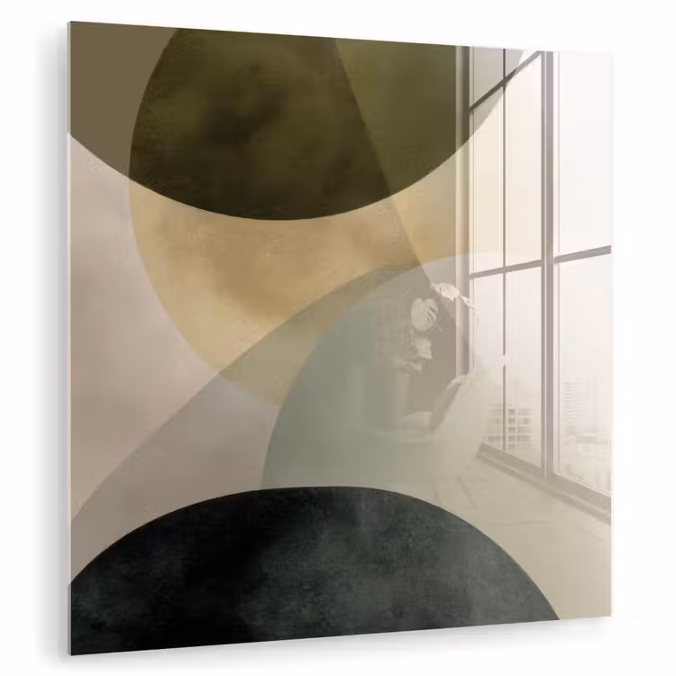 Glas schilderij - Abstracte Cirkels Olijfgroen Beige