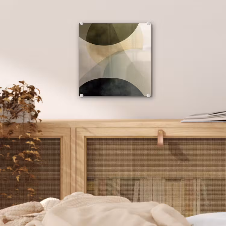 Glas schilderij - Abstracte Cirkels Olijfgroen Beige — 5