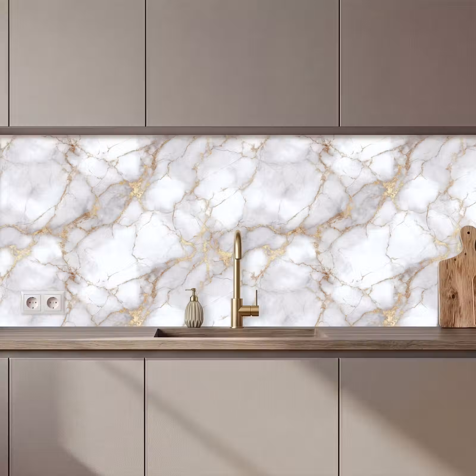 Keuken achterwand - Wit - Goud - Marmer - Grijs — 1