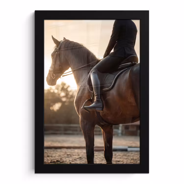 Poster met lijst - Paard met Ruiter Zonsondergang