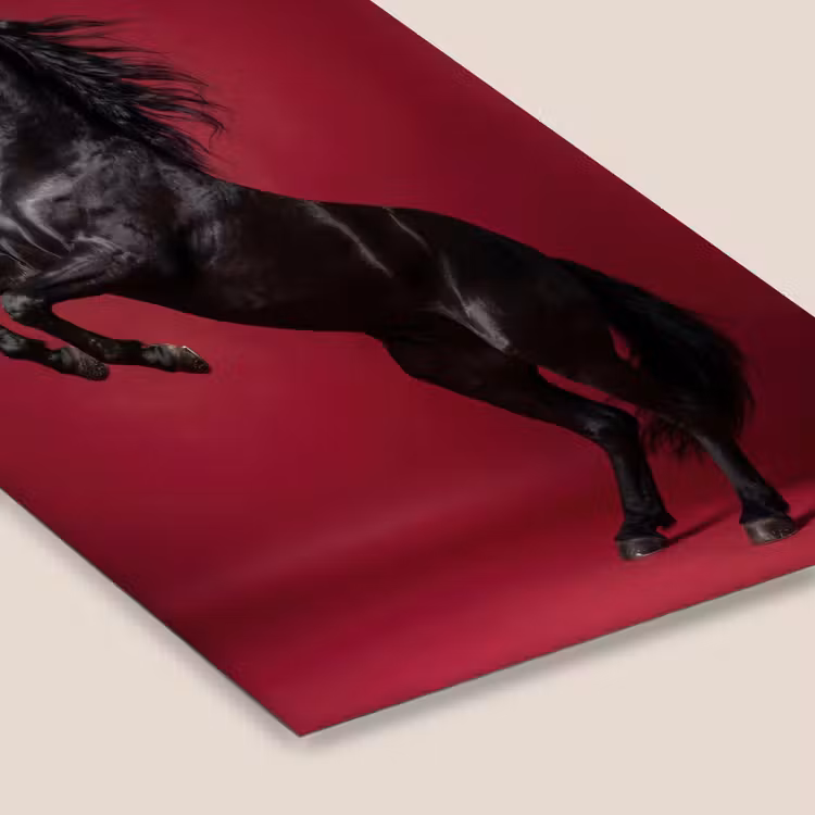 Poster met lijst - Steigerend Zwart Paard Bordeaux Achtergrond — 7