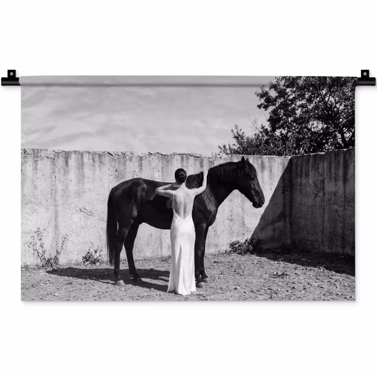 Wandkleed - Paard met Vrouw Zwart Wit — 1