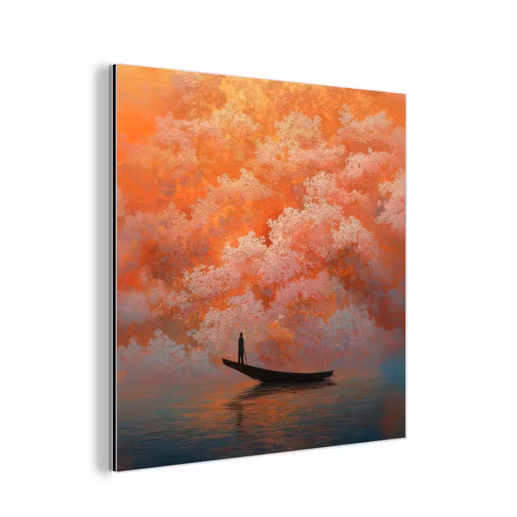 Aluminium schilderij - Zee - Boot - Wolken - Oranje — 1