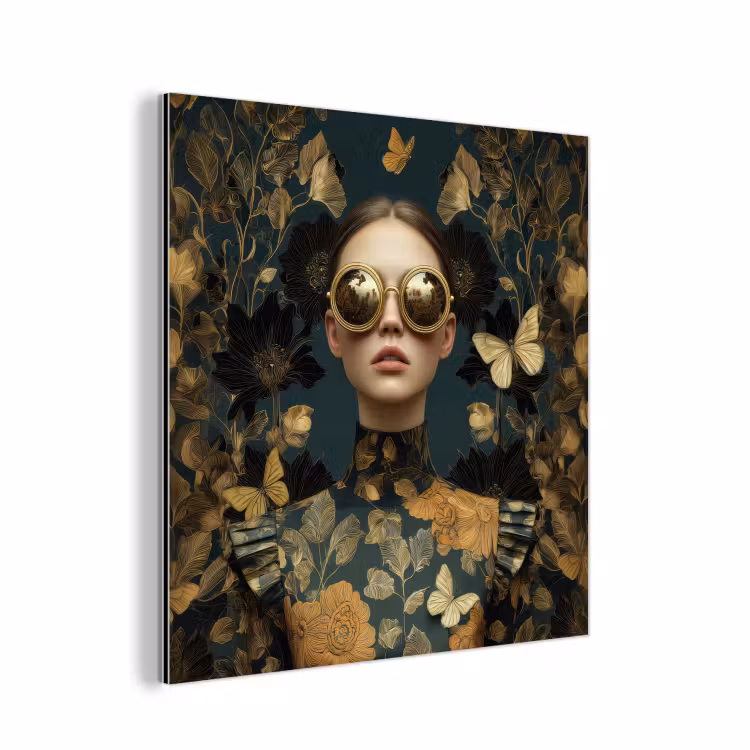 Aluminium schilderij - Vrouw - Bladeren - Goud - Vlinders