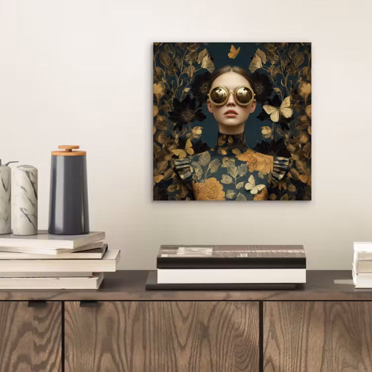 Aluminium schilderij - Vrouw met Zonnebril Gouden Bloemen — 2