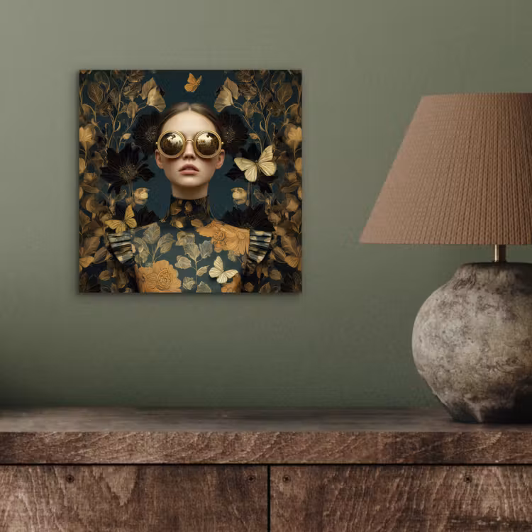 Aluminium schilderij - Vrouw met Zonnebril Gouden Bloemen — 3