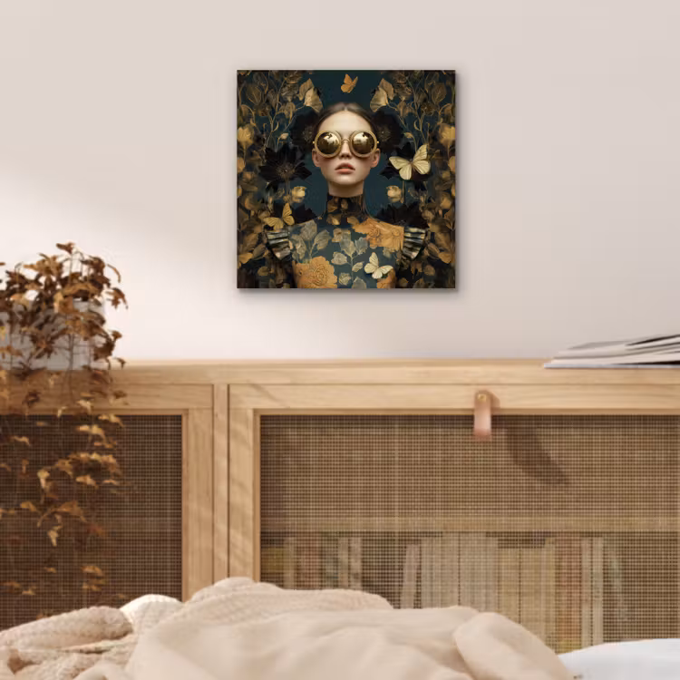 Aluminium schilderij - Vrouw met Zonnebril Gouden Bloemen — 4