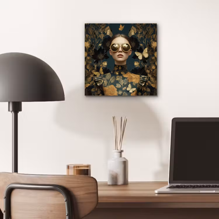 Aluminium schilderij - Vrouw met Zonnebril Gouden Bloemen — 6