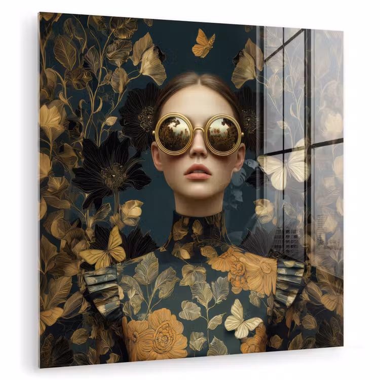 Glas schilderij - Vrouw - Bladeren - Goud - Vlinders — 1
