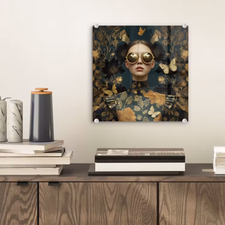 Glas schilderij - Vrouw - Bladeren - Goud - Vlinders — 2